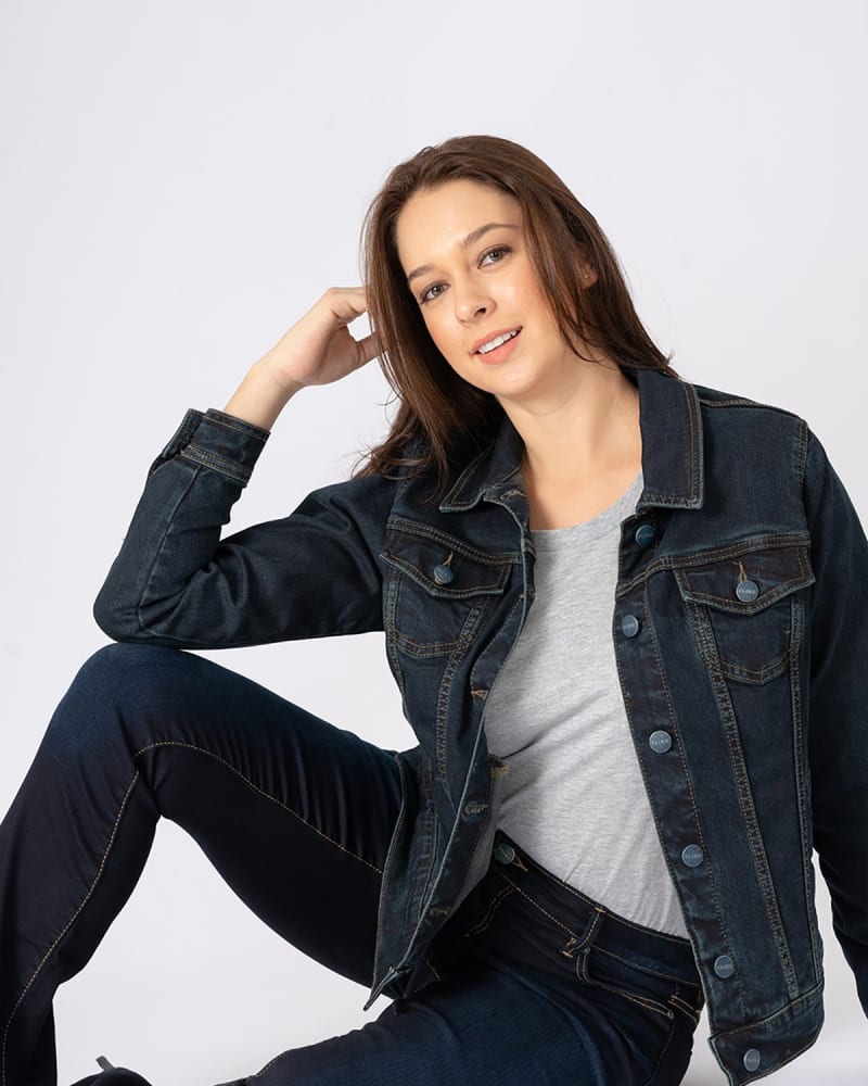 Front of a model wearing a size 2 Denim Jacket - Steph in STEPH by Slink Jeans. | dia_product_style_image_id:309418